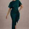 Mika | Bottle Green Satin Short-Sleeve Wrap Maxi Dress