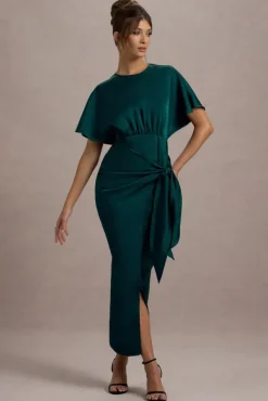 Mika | Bottle Green Satin Short-Sleeve Wrap Maxi Dress