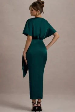 Mika | Bottle Green Satin Short-Sleeve Wrap Maxi Dress