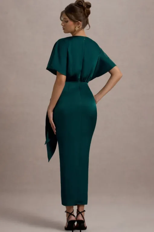 Mika | Bottle Green Satin Short-Sleeve Wrap Maxi Dress