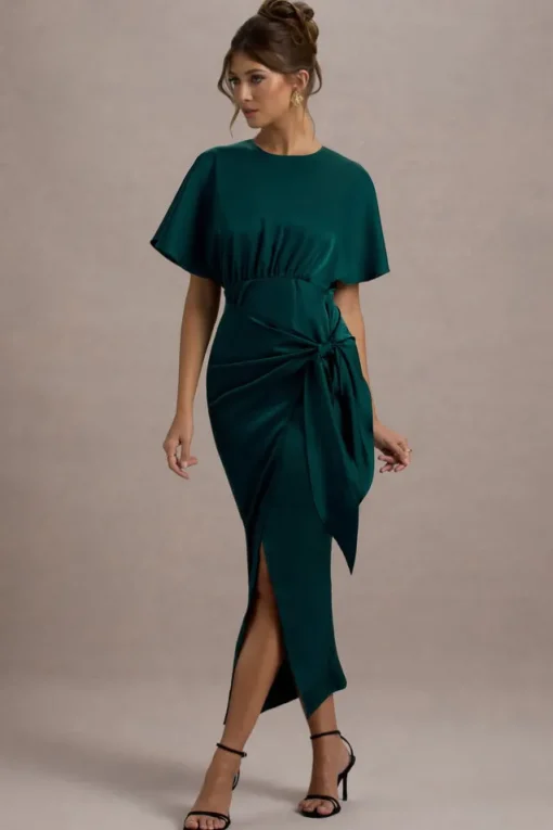 Mika | Bottle Green Satin Short-Sleeve Wrap Maxi Dress