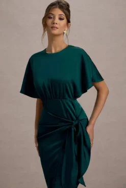 Mika | Bottle Green Satin Short-Sleeve Wrap Maxi Dress