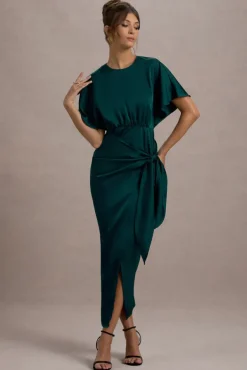 Mika | Bottle Green Satin Short-Sleeve Wrap Maxi Dress