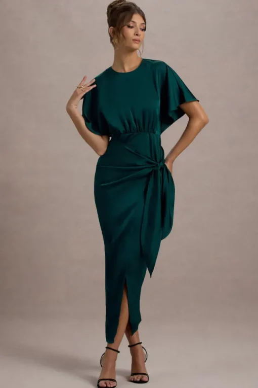 Mika | Bottle Green Satin Short-Sleeve Wrap Maxi Dress