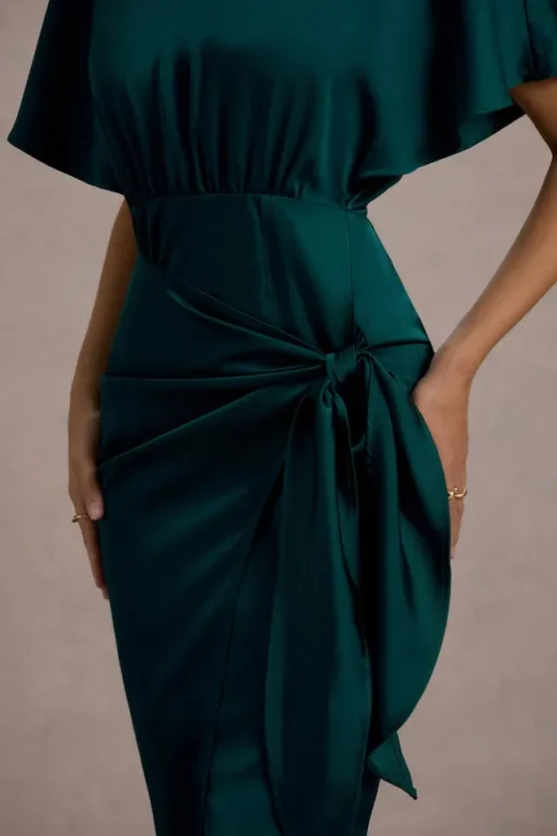 Mika | Bottle Green Satin Short-Sleeve Wrap Maxi Dress