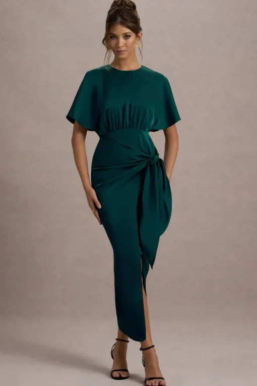 Mika | Bottle Green Satin Short-Sleeve Wrap Maxi Dress