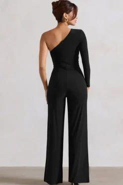 Mila | Black One Shoulder Ruched Wide Leg Jumpsuit