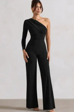 Mila | Black One Shoulder Ruched Wide Leg Jumpsuit