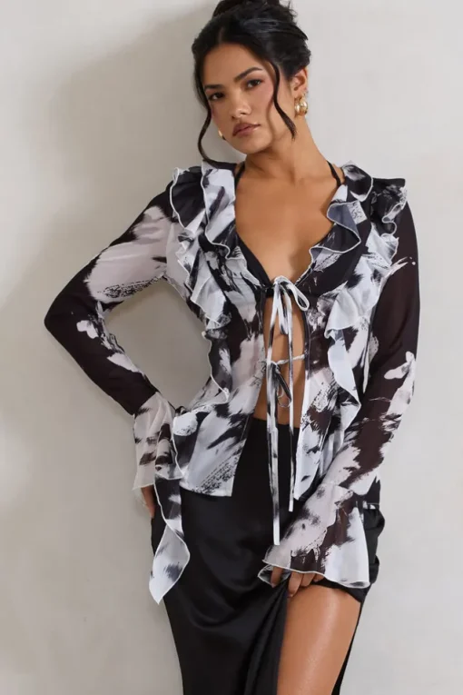 Milan | Monochrome Floral Print Ruffle Tie-Front Blouse