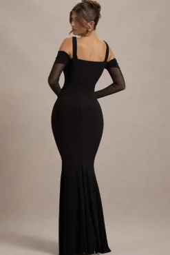 Milana | Black Square-Neck Draped Wrap Maxi Dress With Long Sleeves