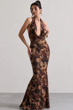 Milani | Animal Print Backless Cowl Neck Fishtail Maxi Dress