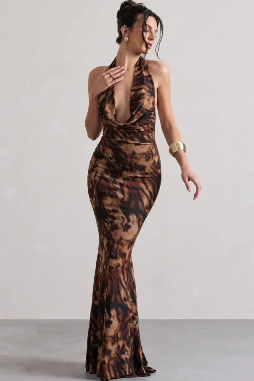 Milani | Animal Print Backless Cowl Neck Fishtail Maxi Dress