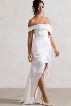 Milano | Cream Satin Bardot Maxi Dress With Detachable Skirt