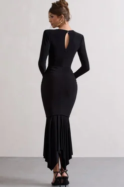 Milena | Black Plunge-Neck Maxi Dress With Draped Hem