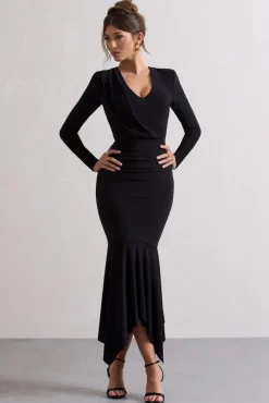 Milena | Black Plunge-Neck Maxi Dress With Draped Hem
