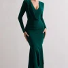 Milena | Bottle Green Plunge-Neck Maxi Dress With Draped Hem