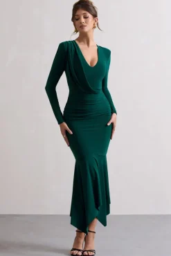 Milena | Bottle Green Plunge-Neck Maxi Dress With Draped Hem