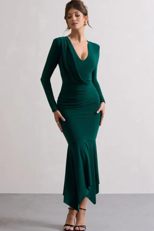 Milena | Bottle Green Plunge-Neck Maxi Dress With Draped Hem