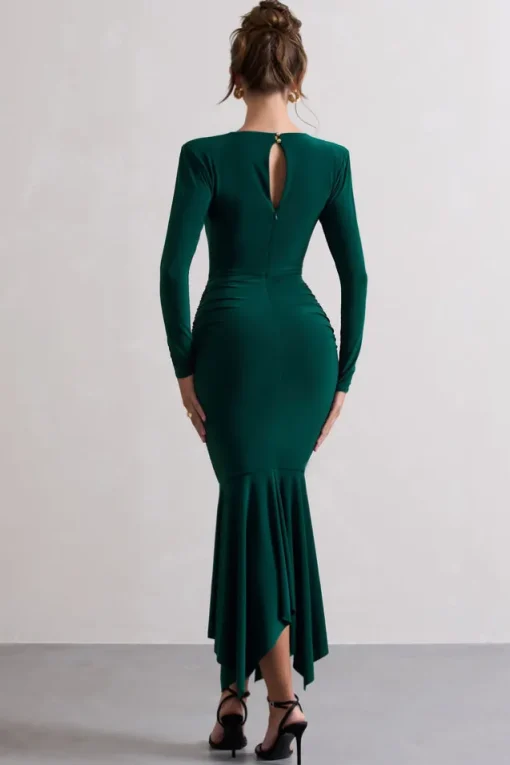 Milena | Bottle Green Plunge-Neck Maxi Dress With Draped Hem