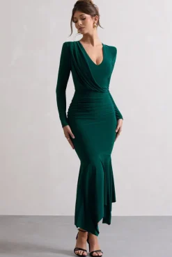 Milena | Bottle Green Plunge-Neck Maxi Dress With Draped Hem
