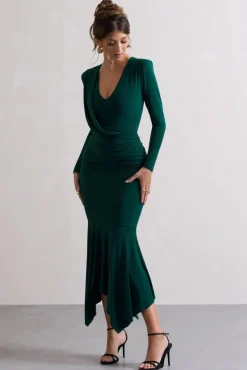 Milena | Bottle Green Plunge-Neck Maxi Dress With Draped Hem