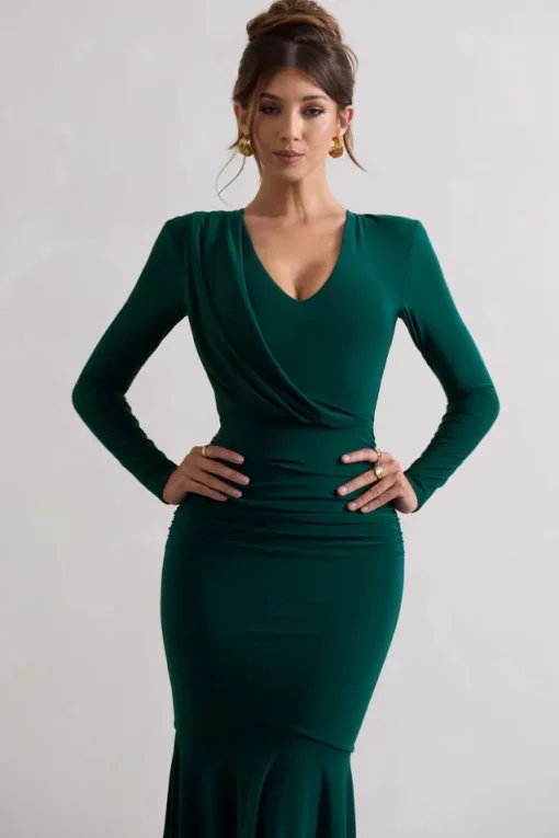 Milena | Bottle Green Plunge-Neck Maxi Dress With Draped Hem