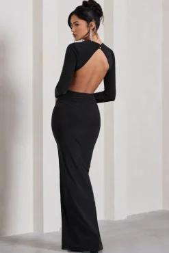 Miley | Black Long-Sleeved Open-Back Wrap Maxi Dress