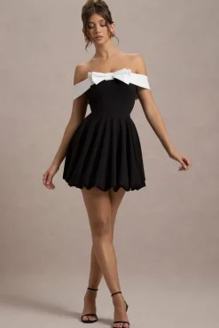 Minimoiselle | Black u0026 White Bow Bardot Mini Dress With Puff-Ball Skirt