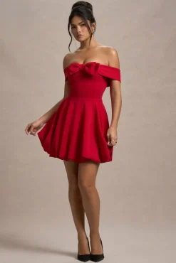 Minimoiselle | Red Bow Bardot Mini Dress With Puff-Ball Skirt