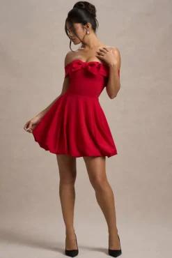 Minimoiselle | Red Bow Bardot Mini Dress With Puff-Ball Skirt