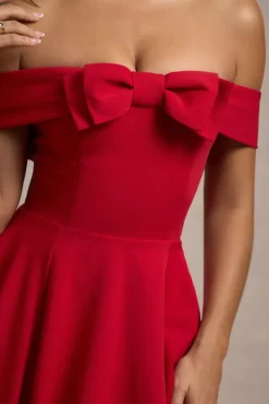 Minimoiselle | Red Bow Bardot Mini Dress With Puff-Ball Skirt