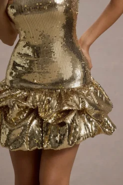Mirabelle | Gold Sequin Bandeau Mini Dress With Puff Hem