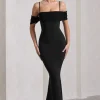 Miracle | Black Strappy Mesh Bardot Maxi Dress
