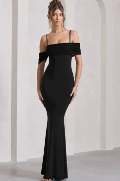 Miracle | Black Strappy Mesh Bardot Maxi Dress