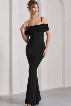 Miracle | Black Strappy Mesh Bardot Maxi Dress