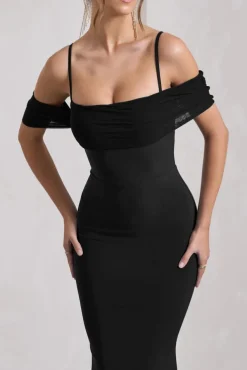 Miracle | Black Strappy Mesh Bardot Maxi Dress