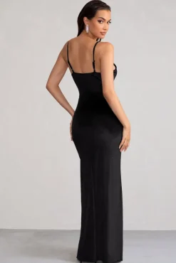 Miranda | Black Velvet Plunge Neck Twist Maxi Dress