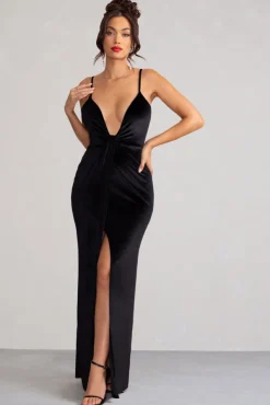 Miranda | Black Velvet Plunge Neck Twist Maxi Dress