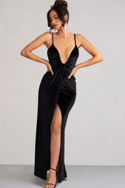 Miranda | Black Velvet Plunge Neck Twist Maxi Dress