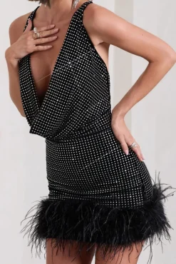 Mirror Me | Black Velvet Embellished Cowl-Neck Mini Dress With Feather Trim