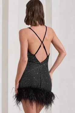 Mirror Me | Black Velvet Embellished Cowl-Neck Mini Dress With Feather Trim