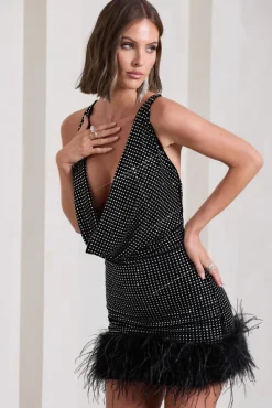 Mirror Me | Black Velvet Embellished Cowl-Neck Mini Dress With Feather Trim