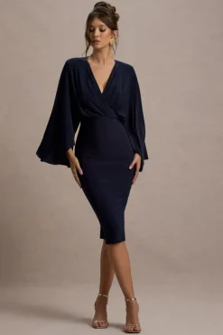 Mishka | Navy Plunge-Neck Cape Midi Dress