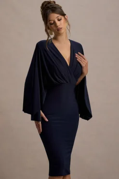 Mishka | Navy Plunge-Neck Cape Midi Dress