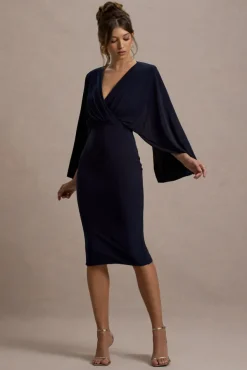 Mishka | Navy Plunge-Neck Cape Midi Dress