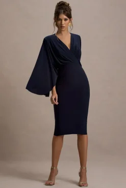 Mishka | Navy Plunge-Neck Cape Midi Dress