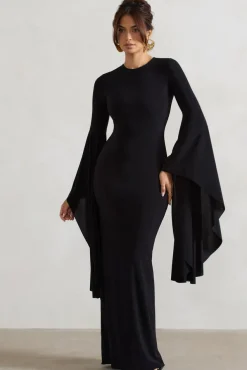 Modena | Black Waterfall Sleeve Maxi Dress