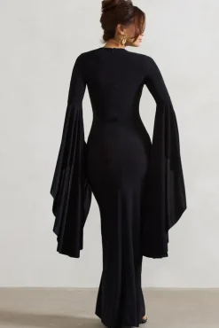 Modena | Black Waterfall Sleeve Maxi Dress