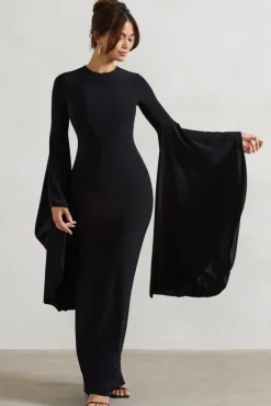 Modena | Black Waterfall Sleeve Maxi Dress