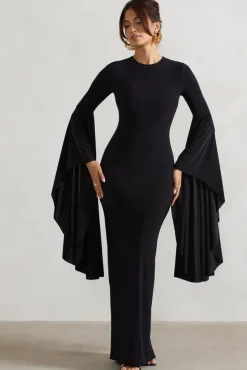 Modena | Black Waterfall Sleeve Maxi Dress